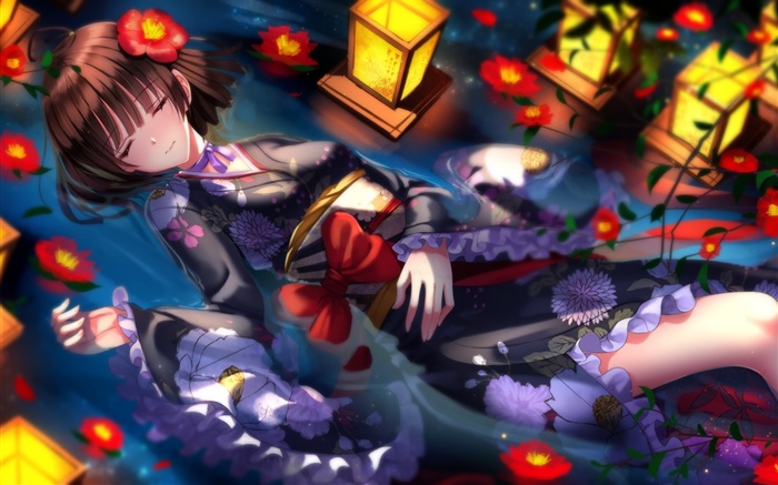 Las almas de espada, kimono anime girl, flores, noche Fondos de pantalla, imagen