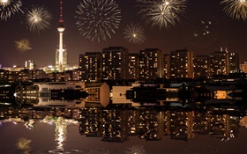 Paisaje urbano, noche, edificios, luces, río, Berlín, Alemania HD fondos de pantalla