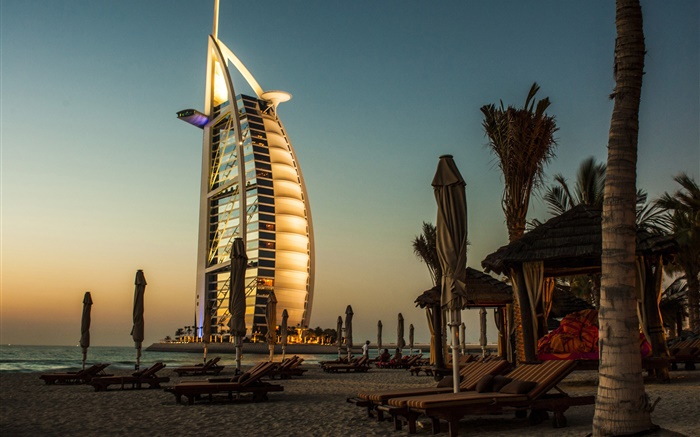 Dubai, hotel, mar, puesta del sol Fondos de pantalla, imagen