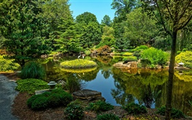 Gibbs jardines, EE.UU., estanque, árboles, hierba HD fondos de pantalla