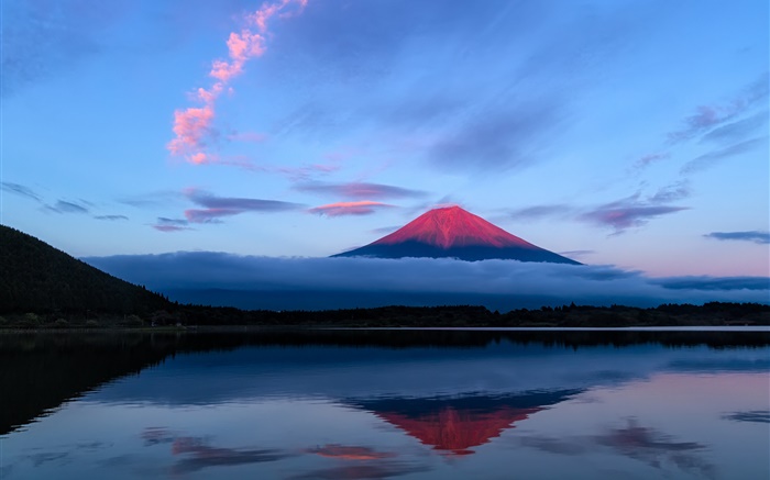 Japón, montaña Fuji en la noche, el lago, la reflexión del agua Fondos de pantalla, imagen