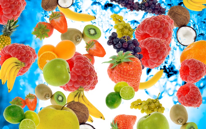 Muchos tipos de frutas, frambuesas, plátano, kiwi, fresa, limón, manzana Fondos de pantalla, imagen
