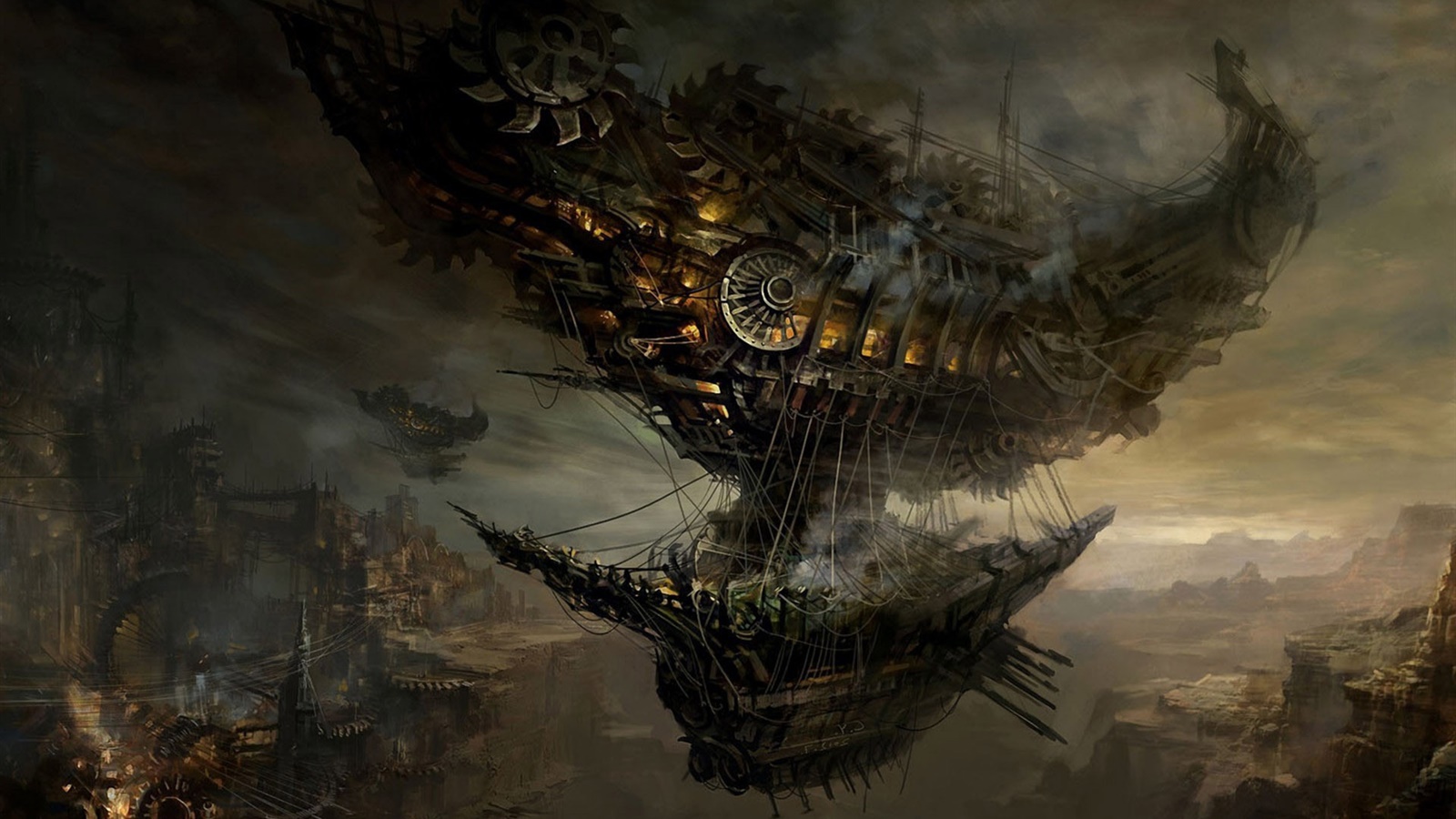 Steampunk, nave volando, arte fotos 1600x900 Fondos de pantalla
