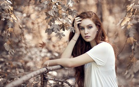 Chica de cabello castaño en otoño, árboles, valla
