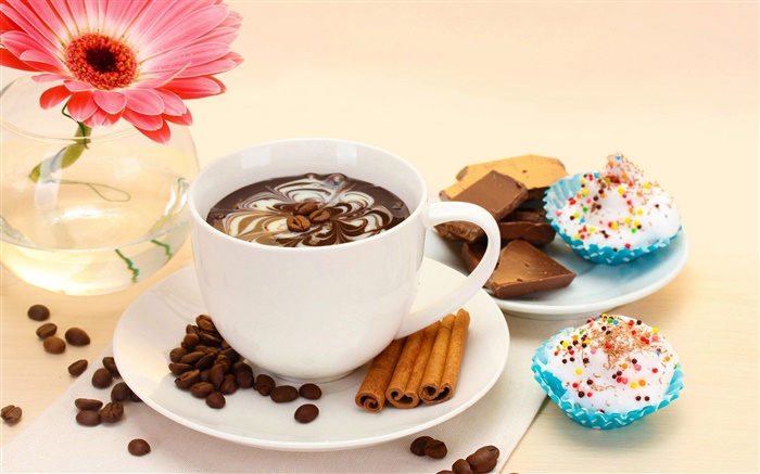 Bebida de café y pasteles, flor rosa Fondos de pantalla, imagen