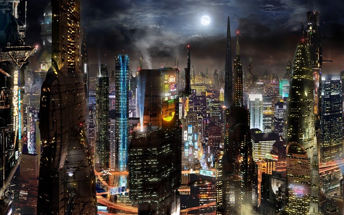 Futuro ciudad, rascacielos, edificios, carretera, noche, sci-fi, diseño creativo Fondos de pantalla, imagen