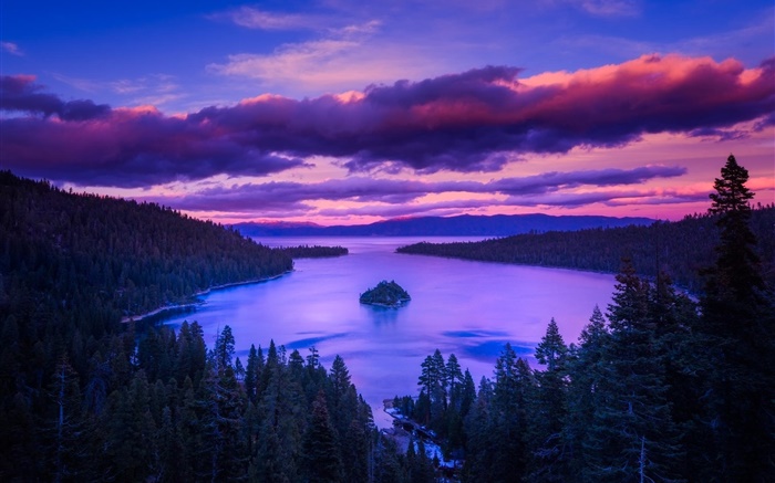 Naturaleza, amanecer, lago, montañas, isla, árboles, nubes Fondos de pantalla, imagen