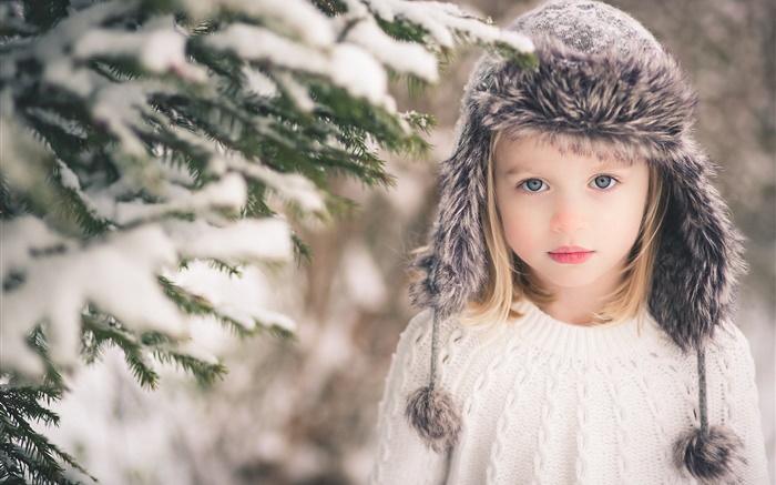 Invierno niño niña, nieve, sombrero, suéter, árboles Fondos de pantalla, imagen
