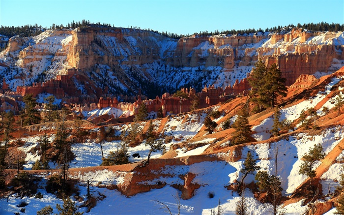 Invierno paisaje de la naturaleza, nieve, rocas rojas Fondos de pantalla, imagen