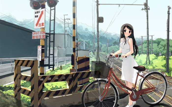 Anime chica, ferrocarril, bicicleta, líneas eléctricas Fondos de pantalla, imagen
