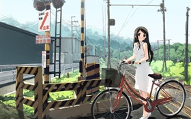Anime chica, ferrocarril, bicicleta, líneas eléctricas HD fondos de pantalla