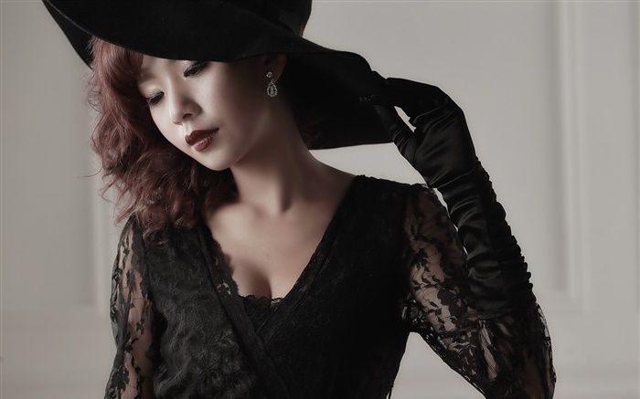 Vestido negro chica asiática, maquillaje, guantes, sombrero Fondos de pantalla, imagen