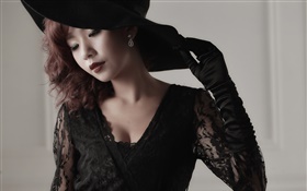 Vestido negro chica asiática, maquillaje, guantes, sombrero HD fondos de pantalla