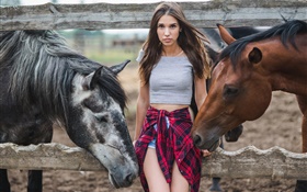 Chica y dos caballos HD fondos de pantalla