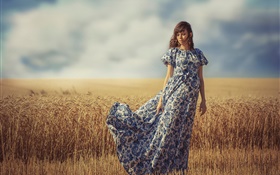 Chica en el viento, verano, campo de trigo HD fondos de pantalla