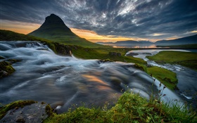 Islandia, montaña, cascada, nubes, puesta del sol HD fondos de pantalla