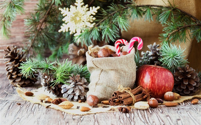 Feliz Navidad, bolsa, dulces, manzana, frutos secos Fondos de pantalla, imagen