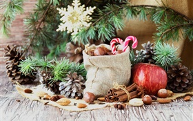 Feliz Navidad, bolsa, dulces, manzana, frutos secos HD fondos de pantalla