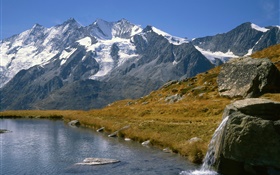 Montañas, lago, hierba HD fondos de pantalla