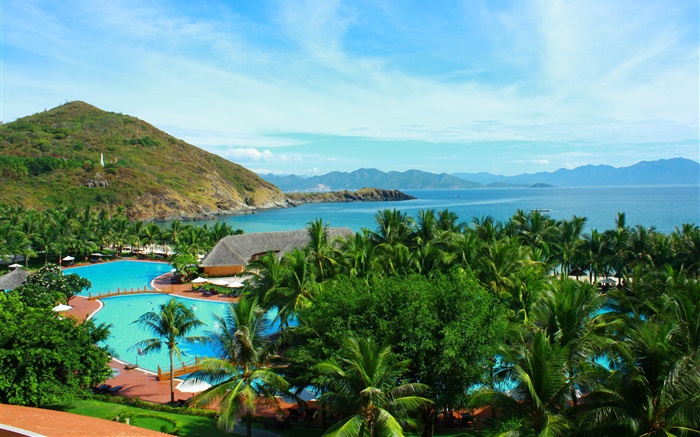 Palmeras, piscina, casa, montañas, isla, mar, Tailandia Fondos de pantalla, imagen
