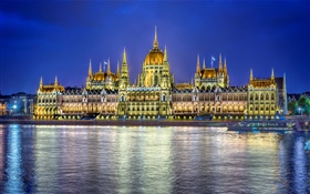 Edificio del Parlamento, reflejo del agua, luces, Budapest, Hungría