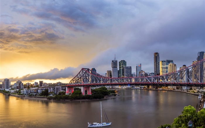 Queensland, Chinatown, Australia, río, puente, amanecer, edificios Fondos de pantalla, imagen