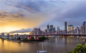 Queensland, Chinatown, Australia, río, puente, amanecer, edificios