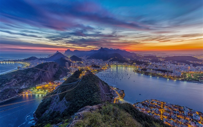 Río de Janeiro, teleférico, montañas, ciudad, costa, noche, luces Fondos de pantalla, imagen