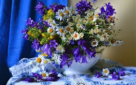 Flores blancas amarillas azules, florero HD fondos de pantalla