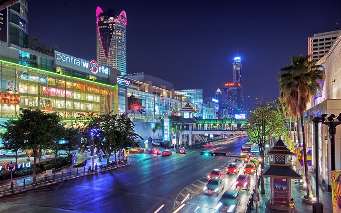 Bangkok, Tailandia, noche de la ciudad, carretera, casas, luces Fondos de pantalla, imagen