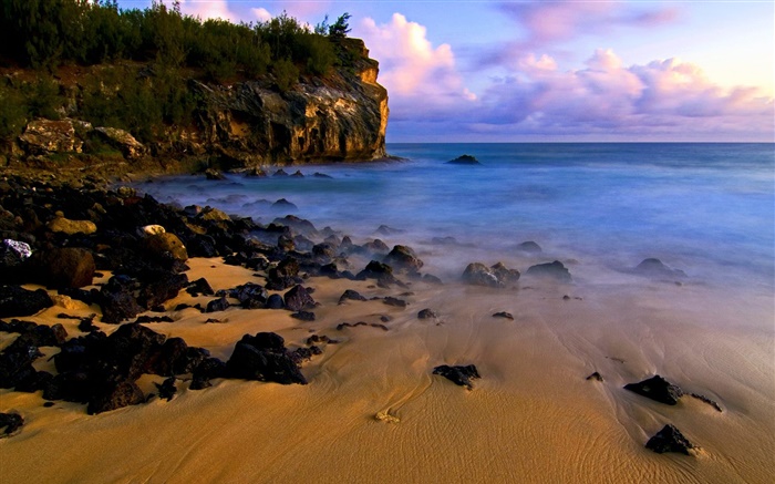 Playa, costa, piedras, puesta de sol, mar Fondos de pantalla, imagen