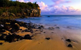 Playa, costa, piedras, puesta de sol, mar HD fondos de pantalla