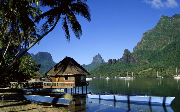 Resort, casa, palmeras, mar, montañas Fondos de pantalla, imagen