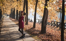 Chica vestido rojo, danza, parque, árboles, otoño
