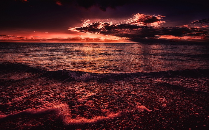 Mar, puesta del sol, noche, estilo rojo Fondos de pantalla, imagen