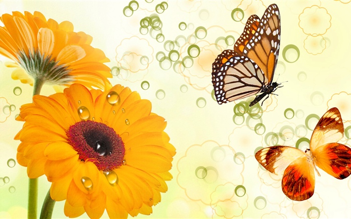 Flores y mariposas amarillas, diseño creativo Fondos de pantalla, imagen