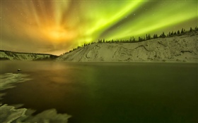 Alaska, aurora boreal, lago, nieve, invierno