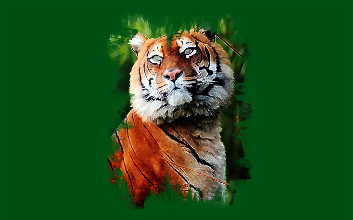 Pintura del arte, tigre, fondo verde Fondos de pantalla, imagen