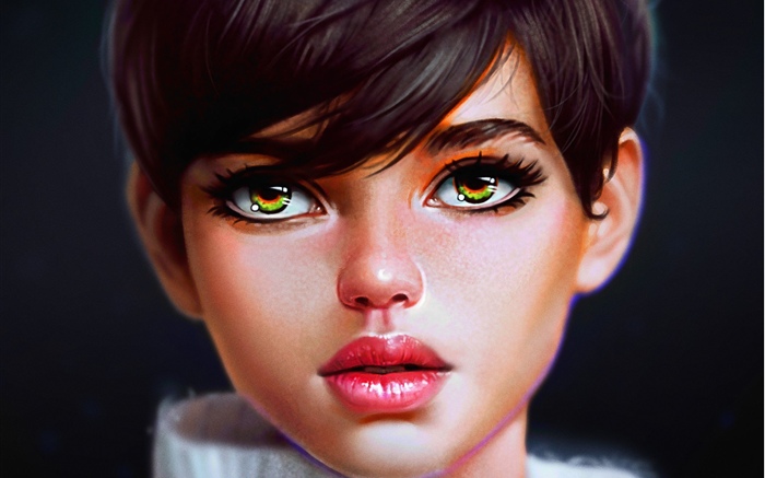 Chica de fantasía, ojos verdes, fondo negro Fondos de pantalla, imagen