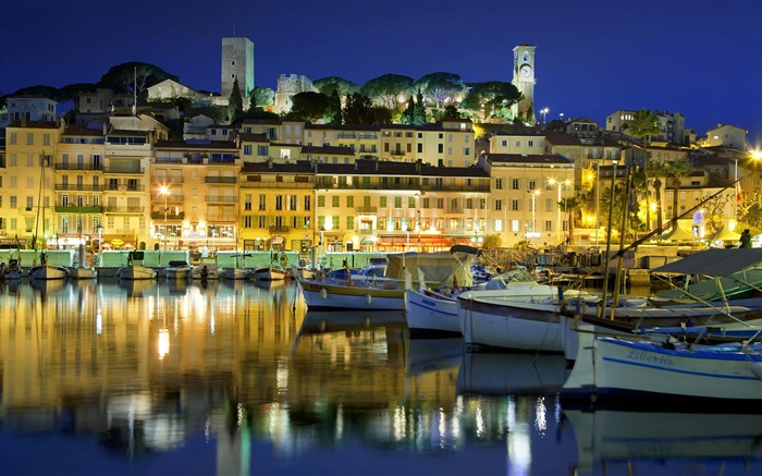 Francia, Cannes, ciudad, casas, río, barco, luces, noche Fondos de pantalla, imagen