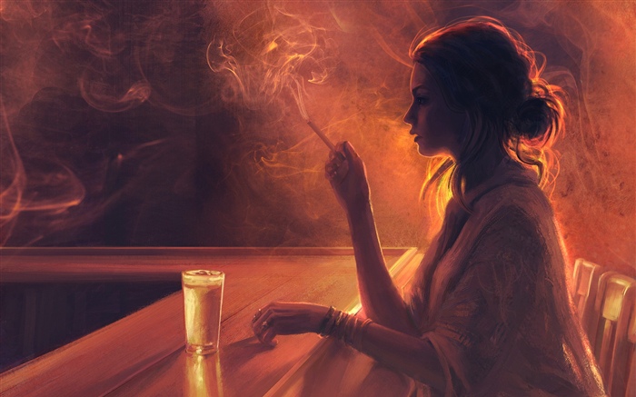 Chica en el bar, cigarrillo, humo Fondos de pantalla, imagen