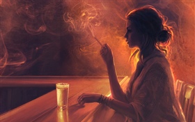 Chica en el bar, cigarrillo, humo HD fondos de pantalla