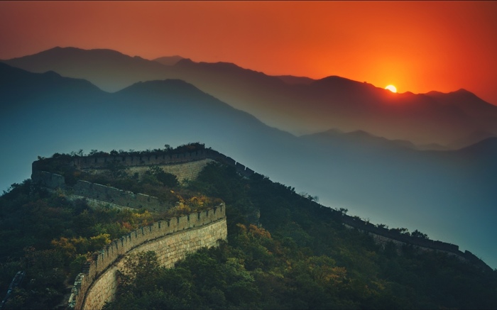 Gran Muralla, montañas, puesta de sol, atardecer Fondos de pantalla, imagen