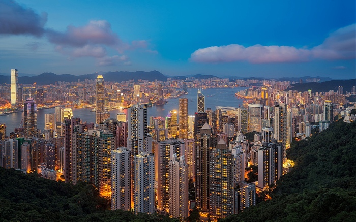 Hong Kong, noche, rascacielos, luces Fondos de pantalla, imagen