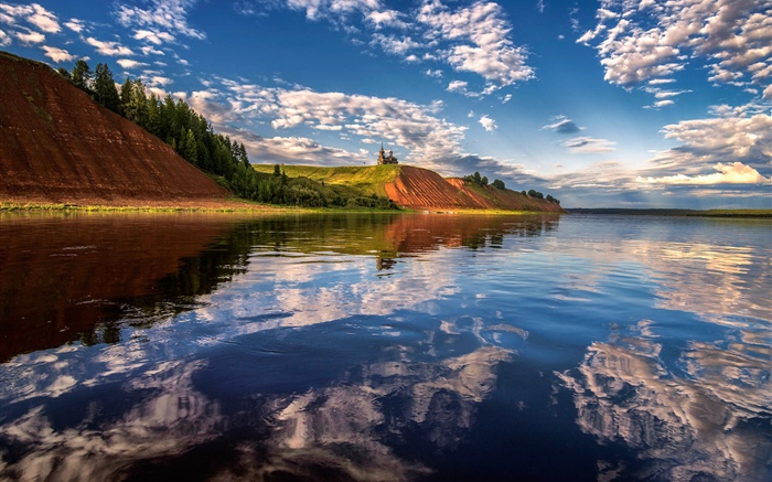 Río Mezen, Rusia, castillo, reflejo de agua, nubes Fondos de pantalla, imagen