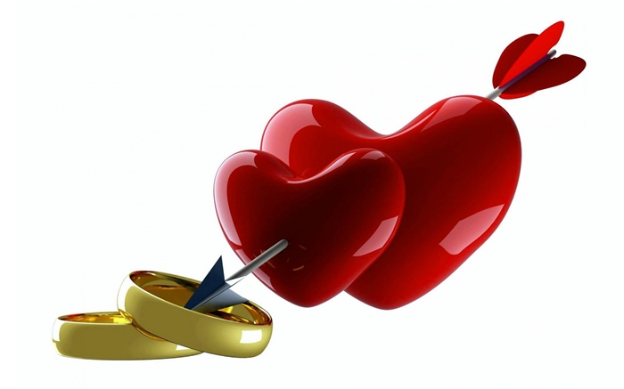 Dos corazones rojos de amor, flecha, anillos. Fondos de pantalla, imagen