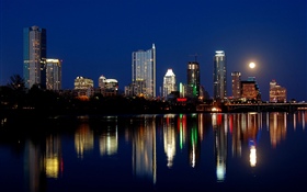 Austin, Estados Unidos, noche de la ciudad, rascacielos, luces, río, luna HD fondos de pantalla