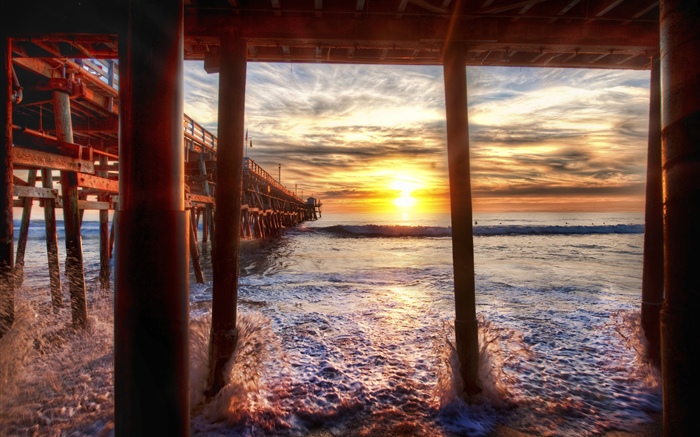 Playa, mar, muelle, puesta de sol, California, Estados Unidos Fondos de pantalla, imagen