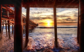 Playa, mar, muelle, puesta de sol, California, Estados Unidos HD fondos de pantalla