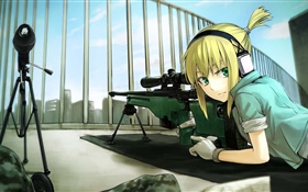Chica rubia de anime, ojos verdes, francotiradora.